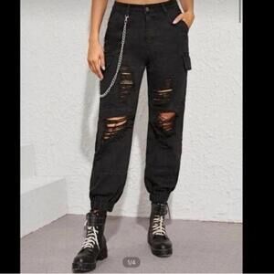 Shein Black Distressed Denim Flap Cargo Pockets Jogger Jeans Grunge